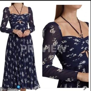 Self Portrait Pansy Print Chiffon Cut Out Midi Dress in Dark Navy Sz 4 NEW